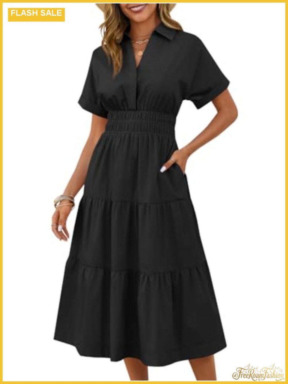 Women's Casual Maxi Dress with Pockets V-Neck Short Sleeve Smocked Waist A-Line